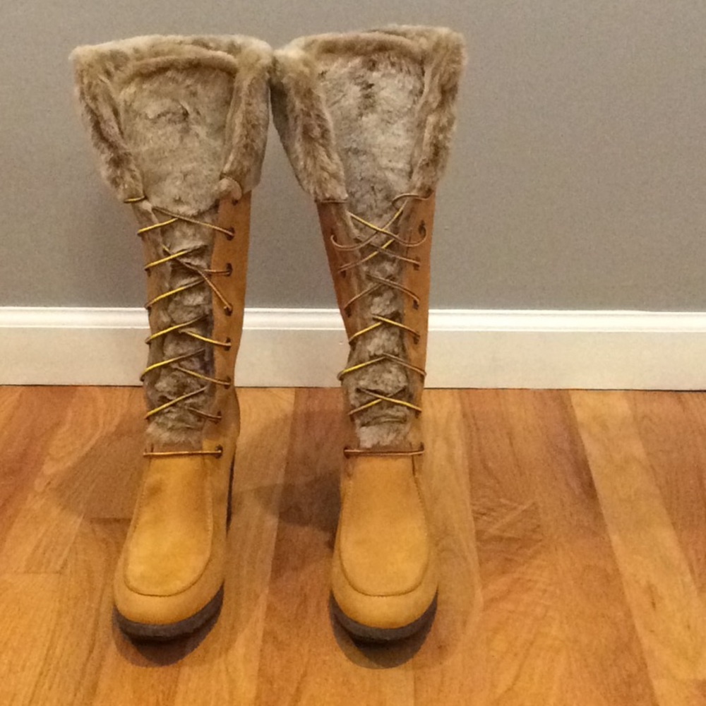 Women Timberland Tall Fur Lace-up Wedge Boots